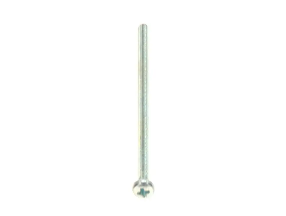 Lange Linsenschraube mit Kreuzschlitzkopf, hergestellt von Bosch, mit einer schlanken Form und einem glänzenden, metallischen Finish.